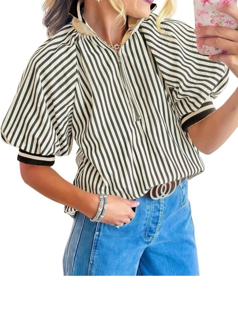 Striped Puff-Sleeve Zip-Neck Top - Black & Cream